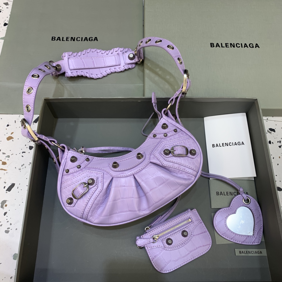 Balenciaga Le Cagole XS Shoulder Bag Crocodile Embossed Light Purple